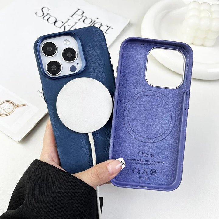 iPhone 14 Series Camouflage Magnetic Leather Case With Camera Bumper