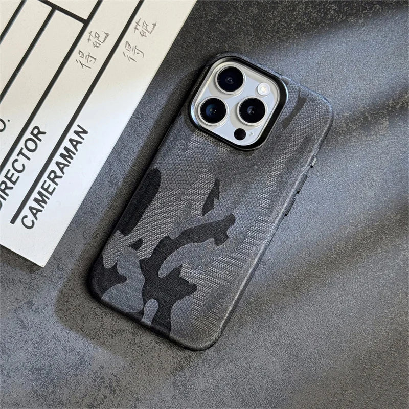 iPhone 15 Series Camouflage Magnetic Leather Case With Camera Bumper